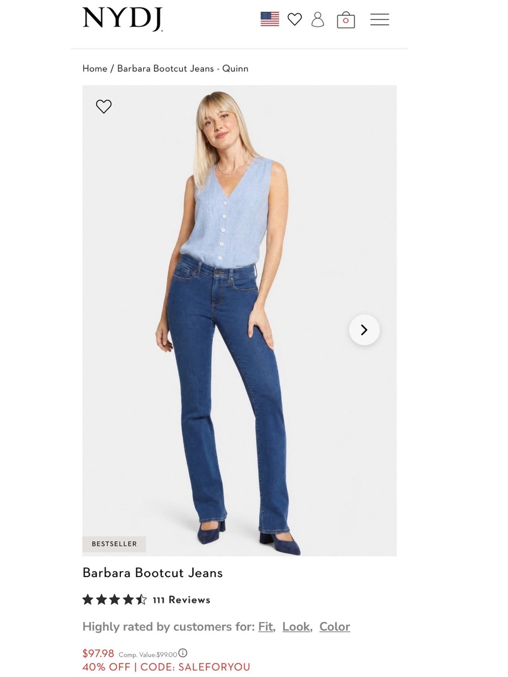 NYDJ Barbara Quinn Bootcut Jeans — Medium Blue